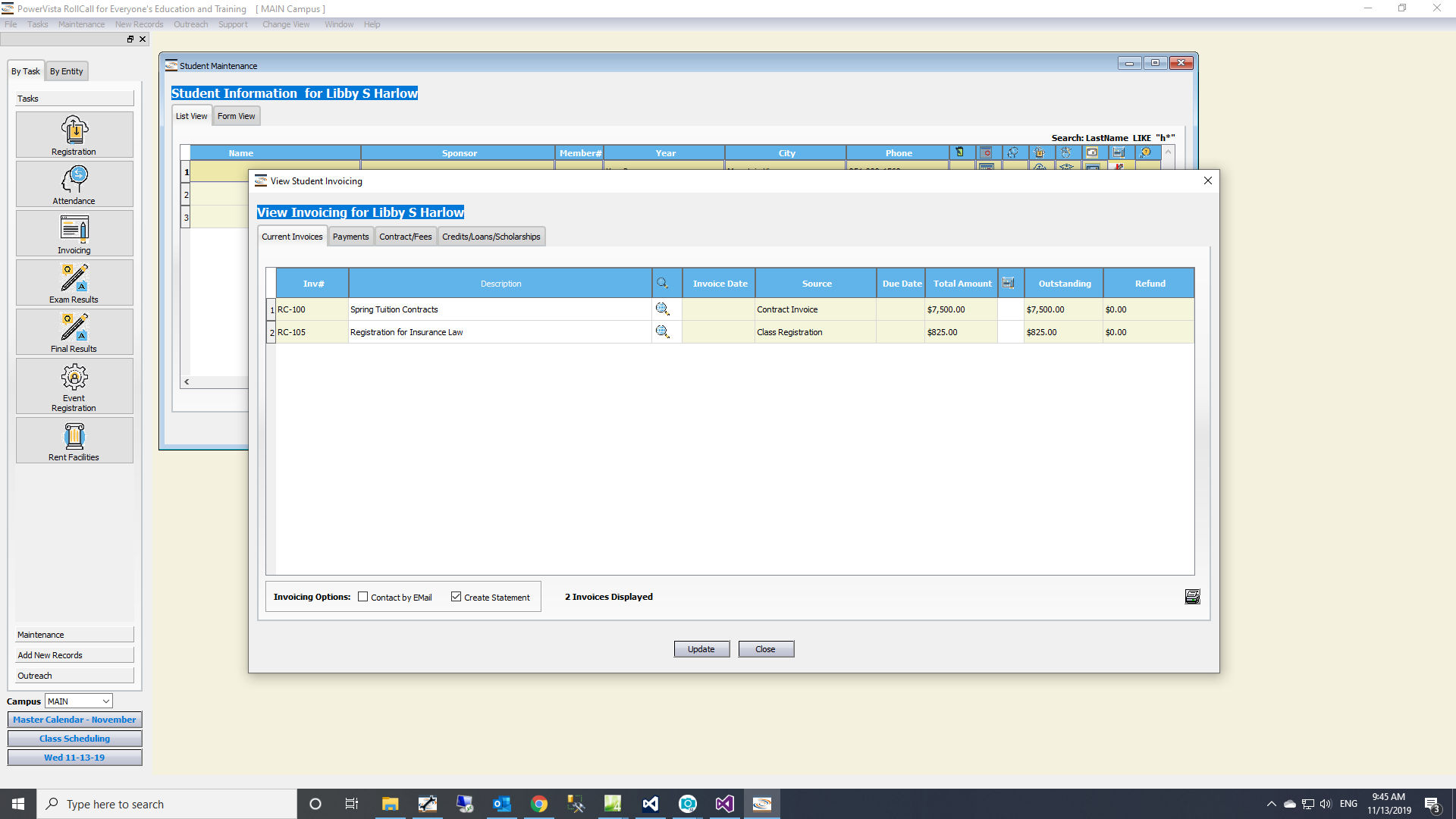 Student invoice history